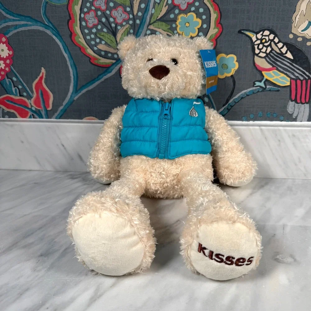 Hershey's Kisses Cream Plush Teddy Bear Teal‎ Blue Puffer Vest 17 Inch NEW 2019